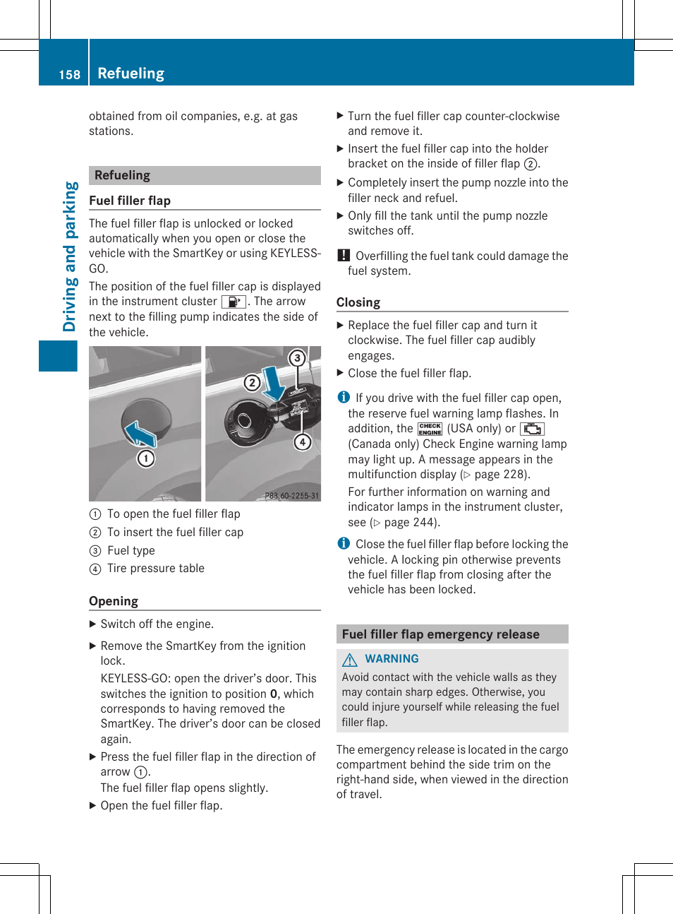 Refueling, Fuel filler flap emergency release, Driving and parking | Mercedes-Benz R-Class 2012 Owners Manual User Manual | Page 160 / 368