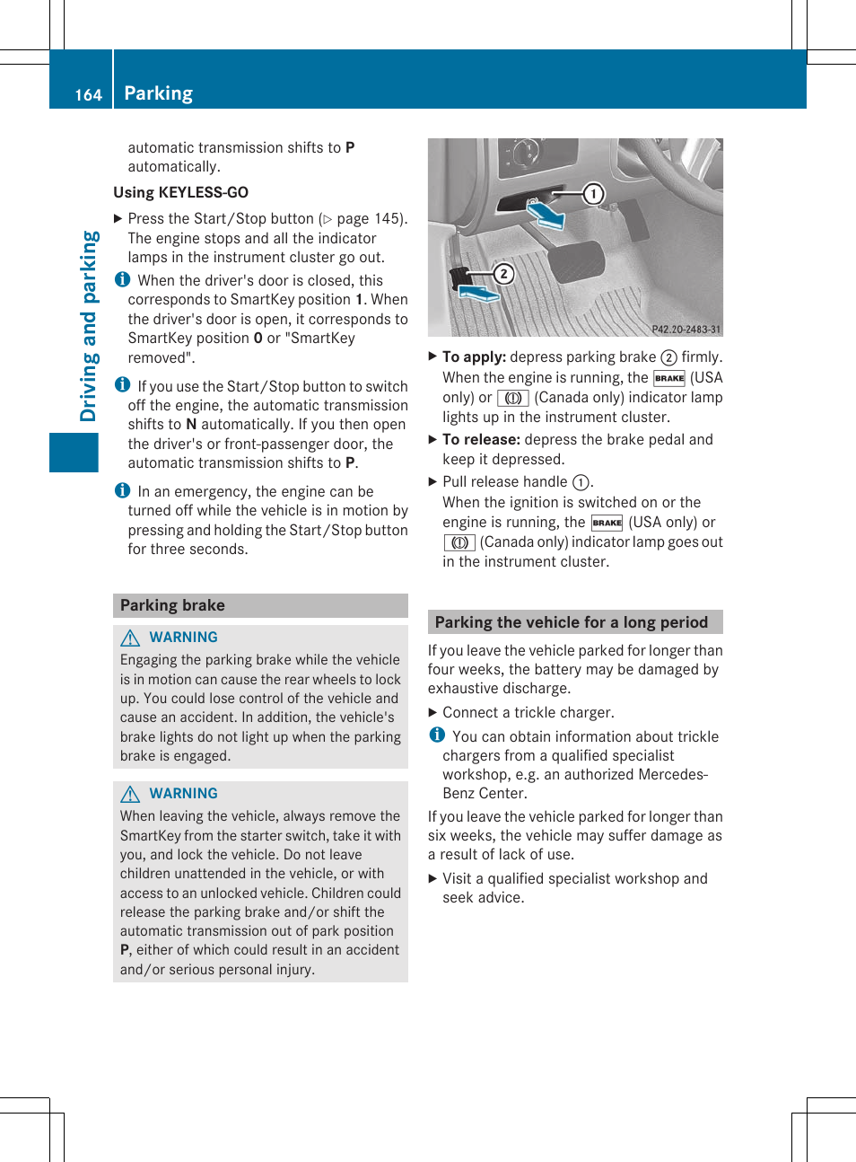 Parking brake, Parking the vehicle for a long period, Driving and parking | Parking | Mercedes-Benz R-Class 2012 Owners Manual User Manual | Page 166 / 368