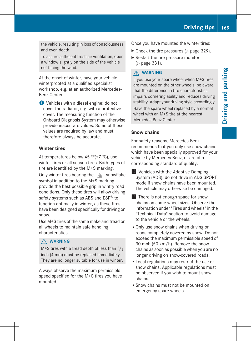 Driving and parking, Driving tips | Mercedes-Benz R-Class 2012 Owners Manual User Manual | Page 171 / 368