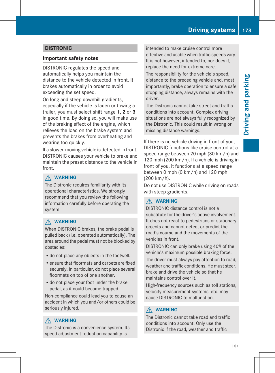 Distronic, Driving and parking, Driving systems | Mercedes-Benz R-Class 2012 Owners Manual User Manual | Page 175 / 368