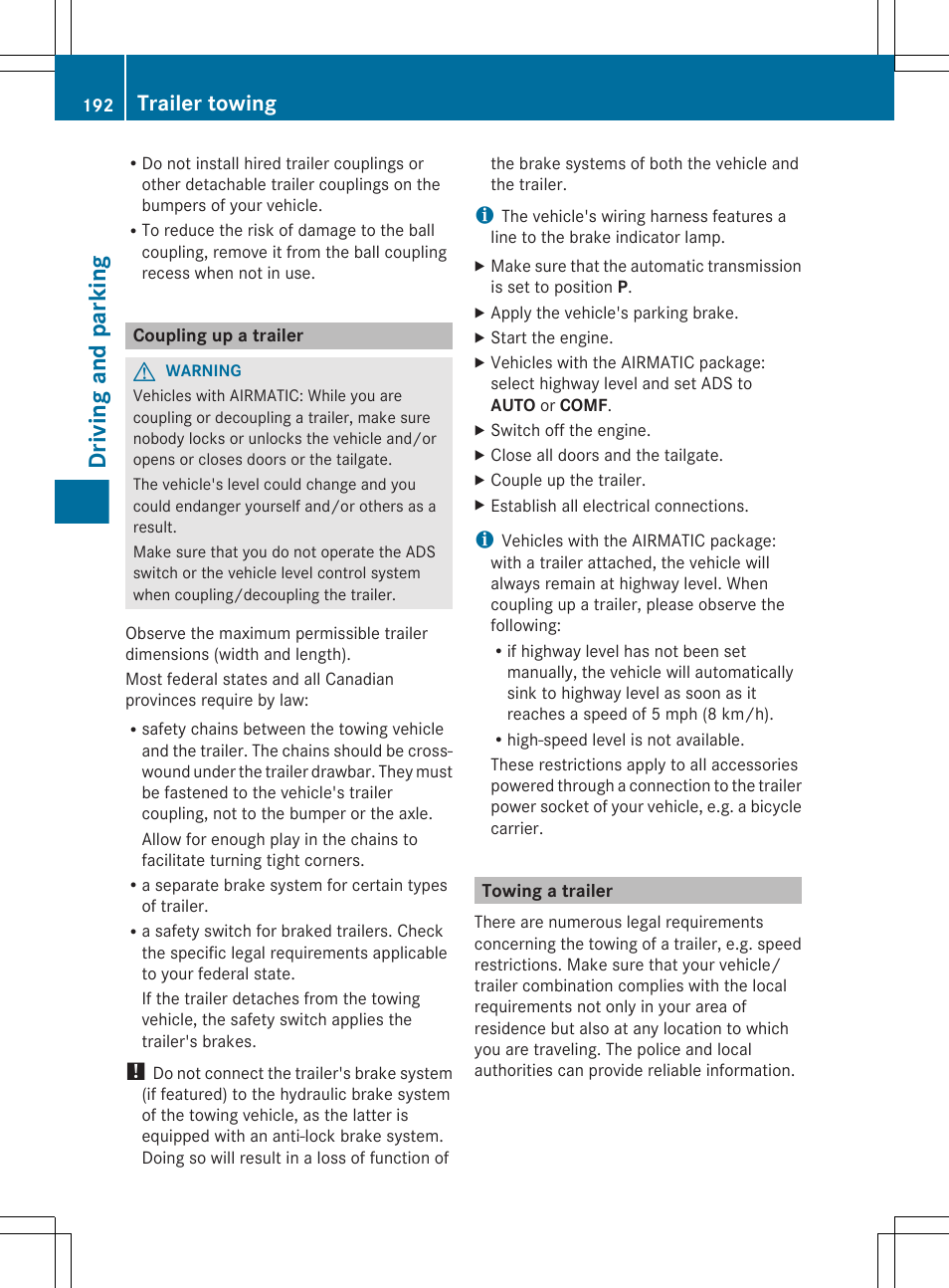 Coupling up a trailer, Towing a trailer, Driving and parking | Trailer towing | Mercedes-Benz R-Class 2012 Owners Manual User Manual | Page 194 / 368