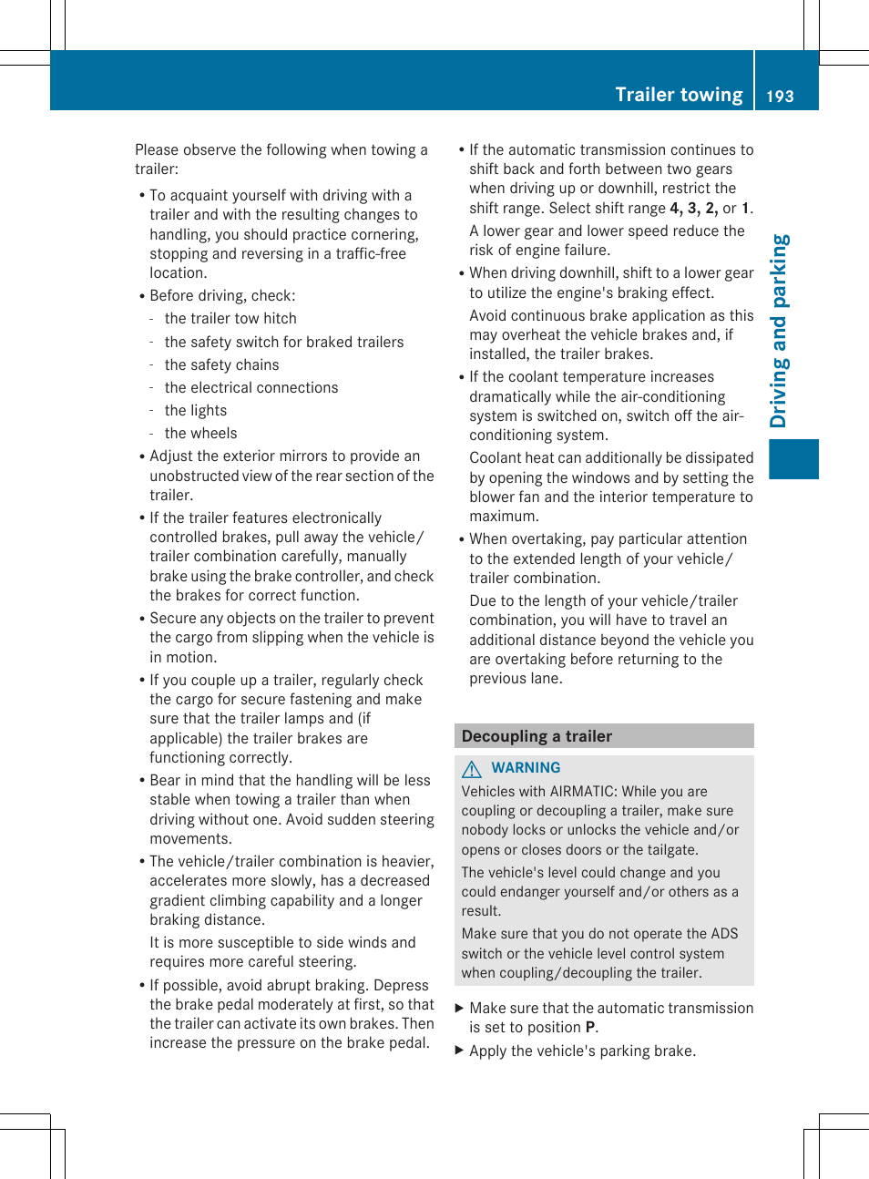Decoupling a trailer, Driving and parking, Trailer towing | Mercedes-Benz R-Class 2012 Owners Manual User Manual | Page 195 / 368