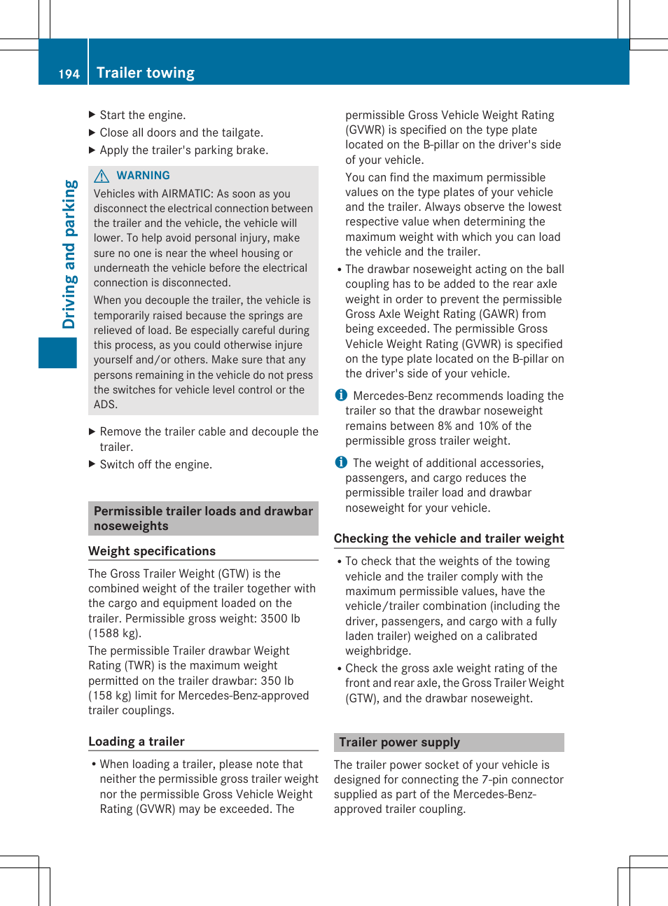 Permissible trailer loads and drawbar noseweights, Trailer power supply, Driving and parking | Trailer towing | Mercedes-Benz R-Class 2012 Owners Manual User Manual | Page 196 / 368
