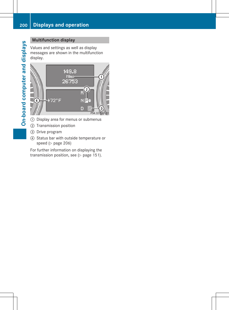 Multifunction display, On-board computer and displays, Displays and operation | Mercedes-Benz R-Class 2012 Owners Manual User Manual | Page 202 / 368