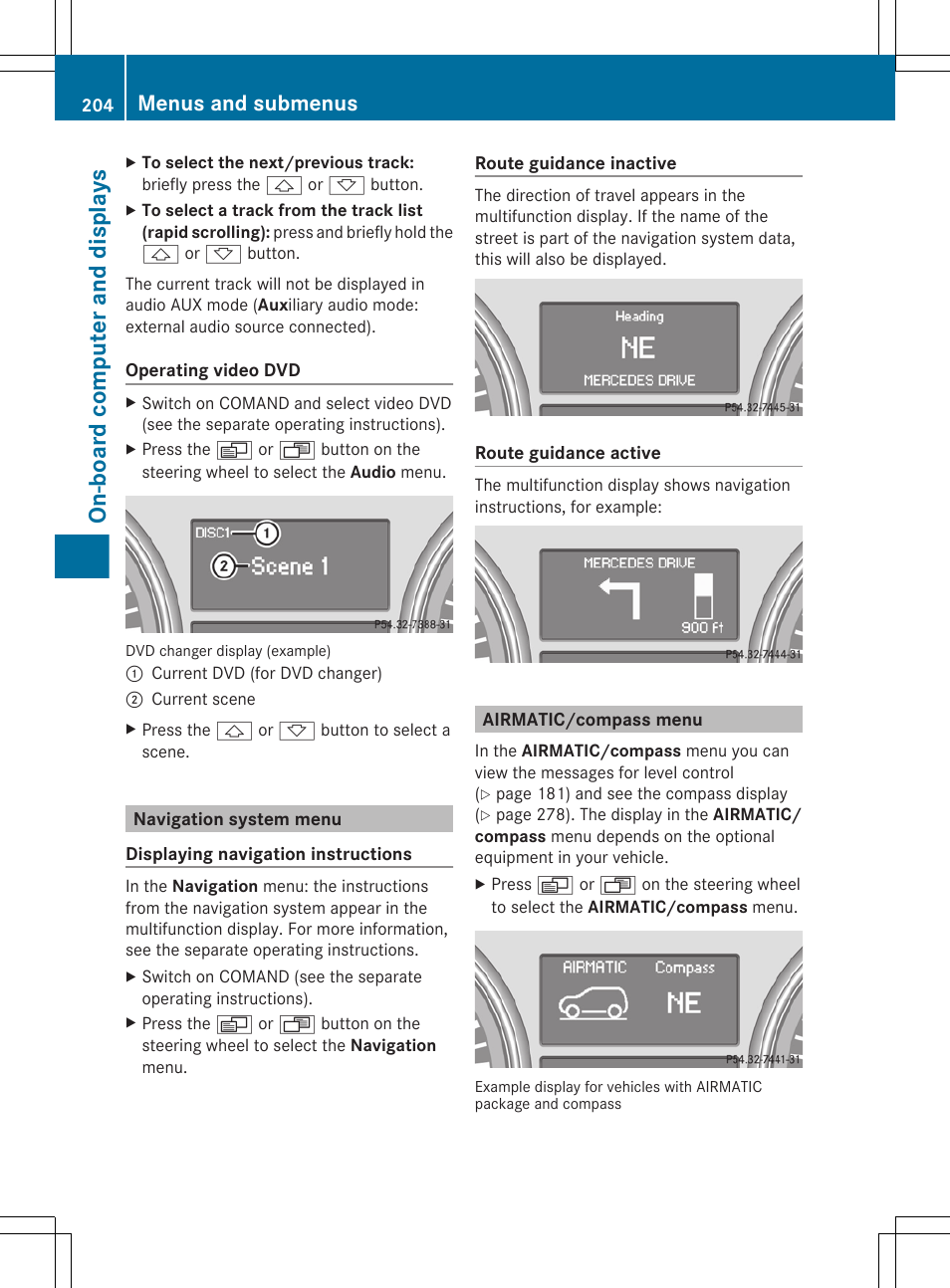 Navigation system menu, Airmatic/compass menu, Menu | On-board computer and displays, Menus and submenus | Mercedes-Benz R-Class 2012 Owners Manual User Manual | Page 206 / 368