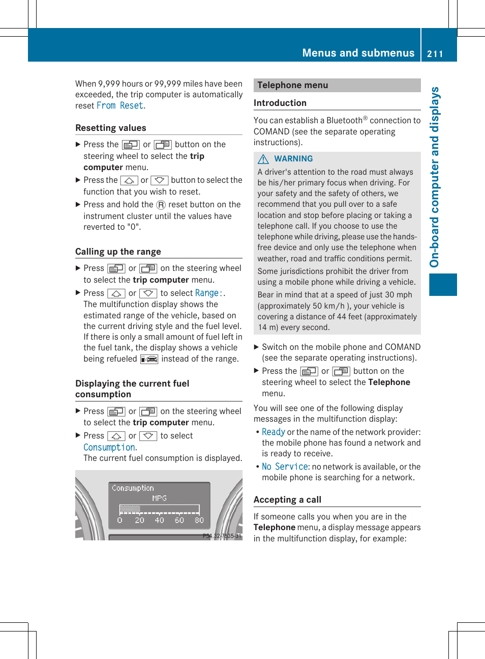 Telephone menu, Menu, You reset | On-board computer and displays, Menus and submenus | Mercedes-Benz R-Class 2012 Owners Manual User Manual | Page 213 / 368