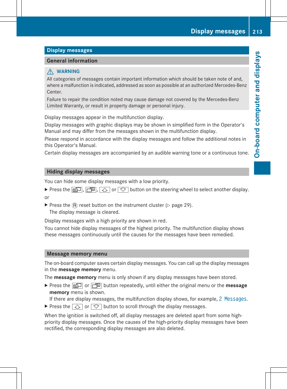 Display messages, General information, Hiding display messages | Message memory menu, Menu, On-board computer and displays | Mercedes-Benz R-Class 2012 Owners Manual User Manual | Page 215 / 368