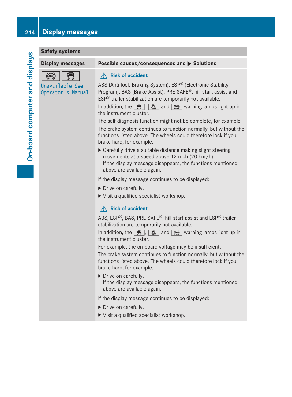 Safety systems, On-board computer and displays, Display messages | Mercedes-Benz R-Class 2012 Owners Manual User Manual | Page 216 / 368