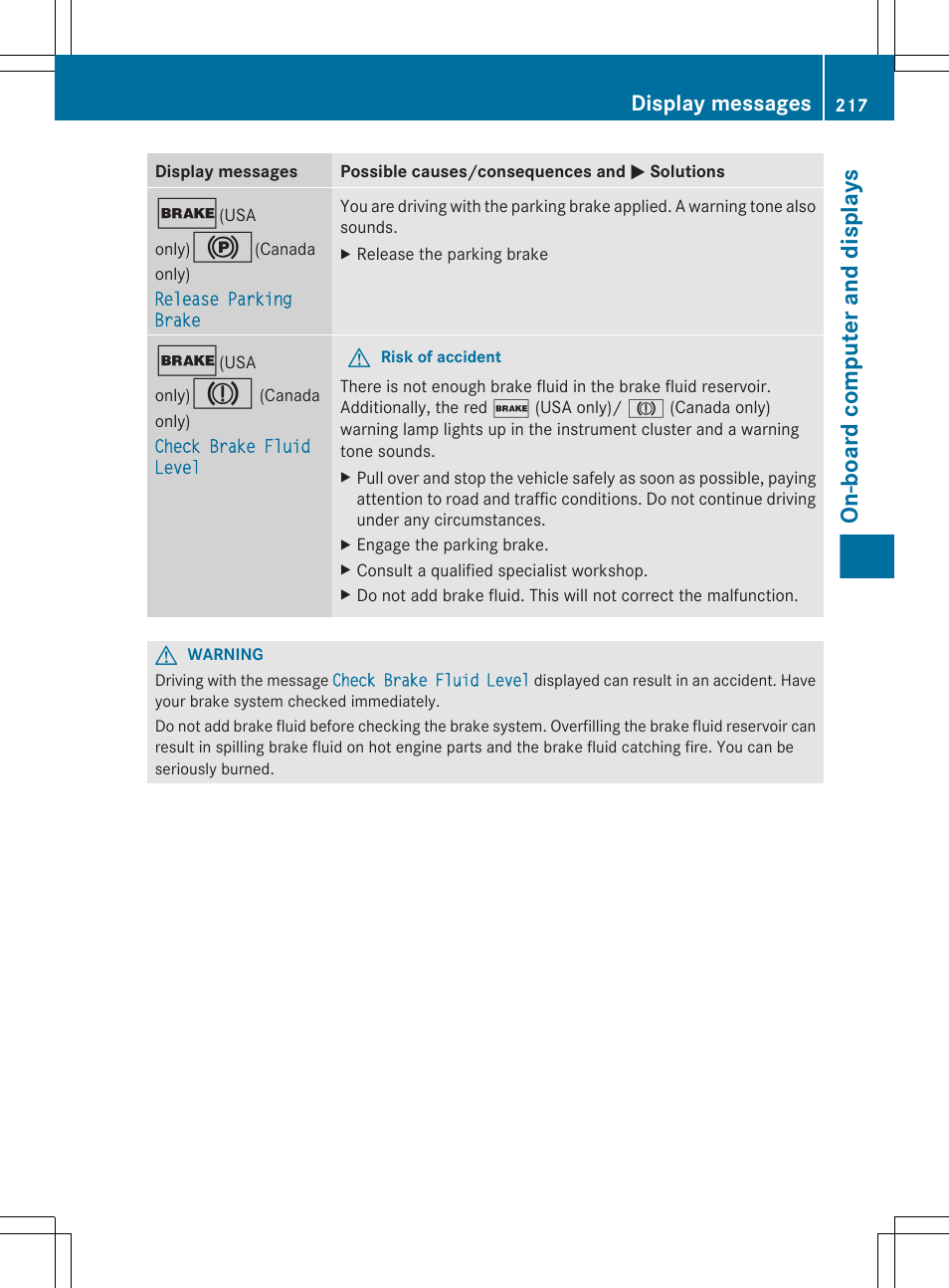 On-board computer and displays, Display messages | Mercedes-Benz R-Class 2012 Owners Manual User Manual | Page 219 / 368