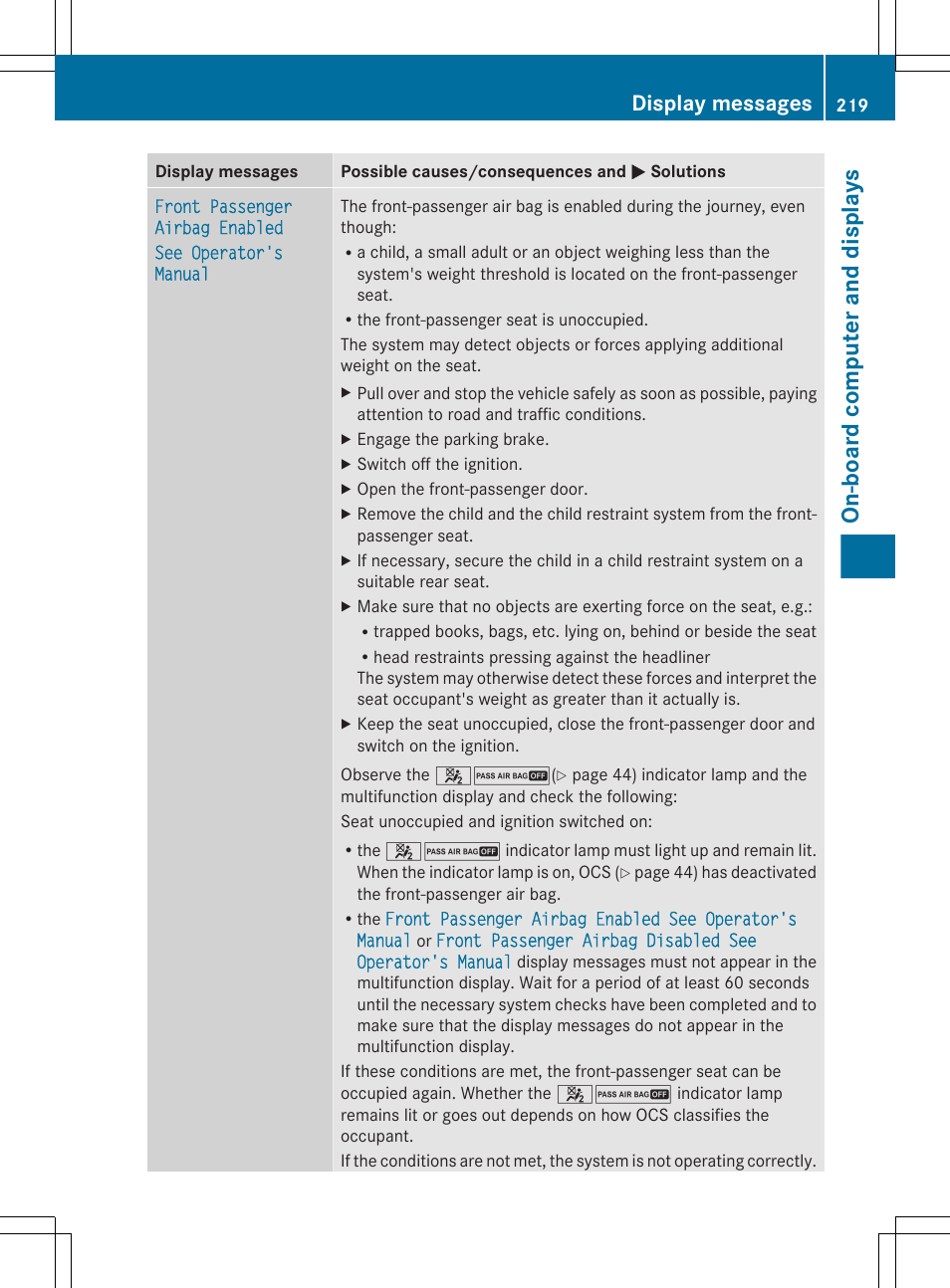 On-board computer and displays, Display messages | Mercedes-Benz R-Class 2012 Owners Manual User Manual | Page 221 / 368