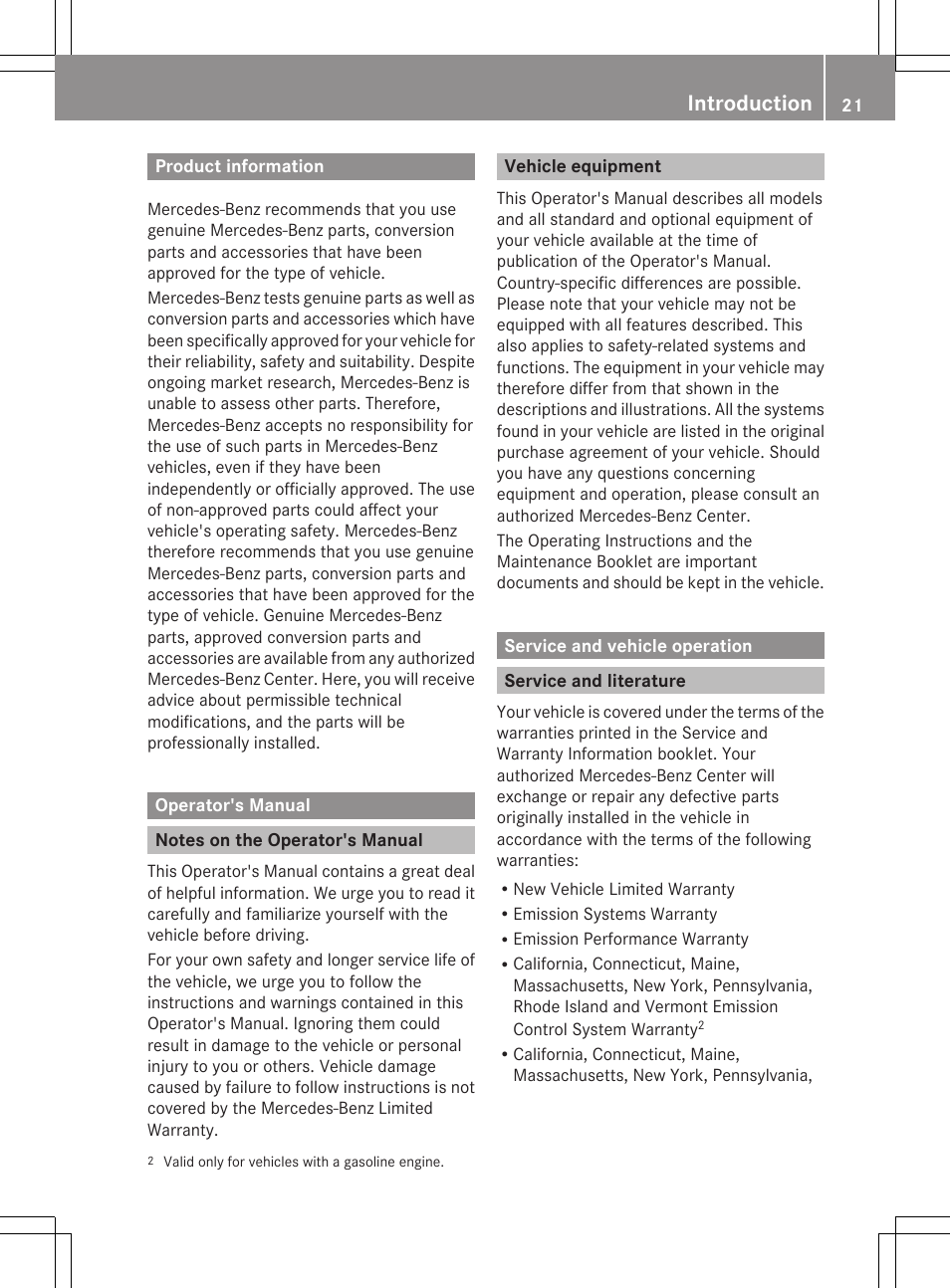 Introduction, Product information, Operator's manual | Notes on the operator's manual, Vehicle equipment, Service and vehicle operation, Service and literature | Mercedes-Benz R-Class 2012 Owners Manual User Manual | Page 23 / 368