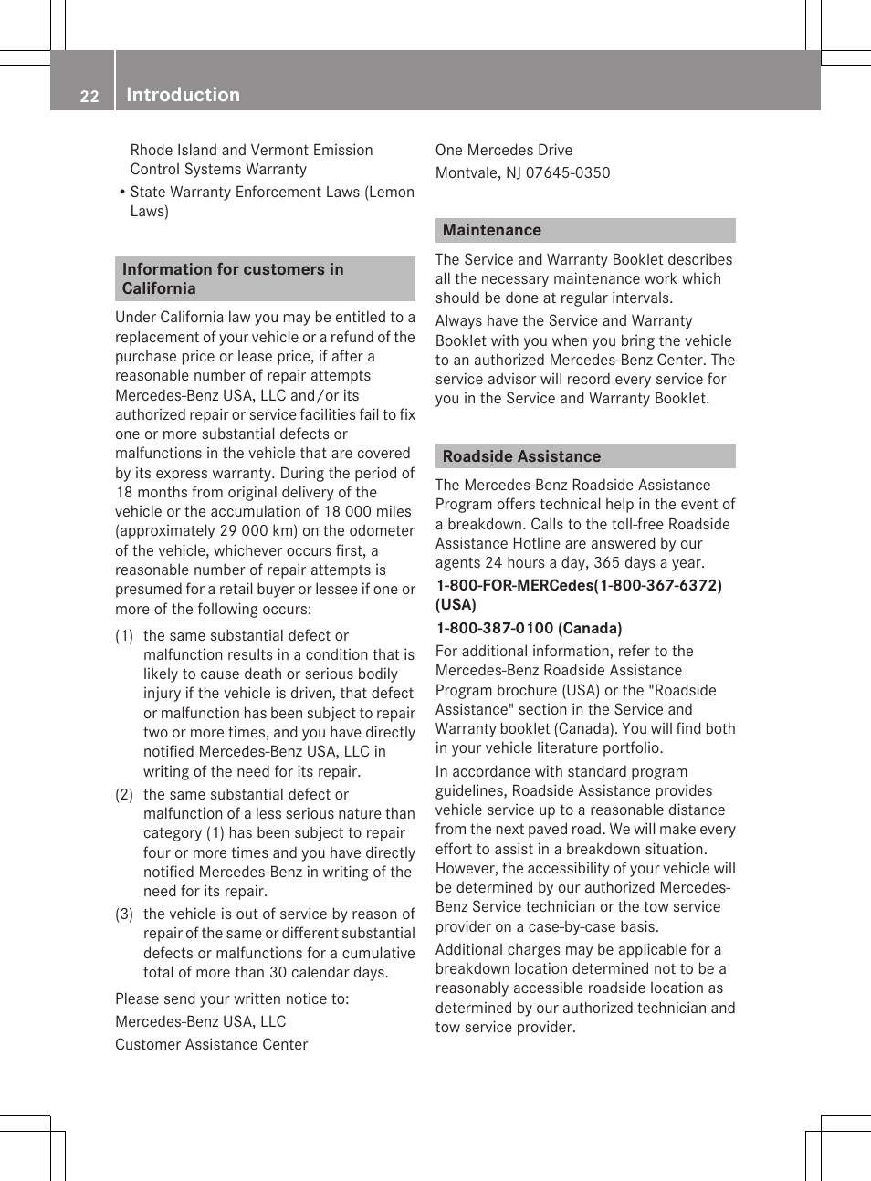 Information for customers in california, Maintenance, Roadside assistance | Introduction | Mercedes-Benz R-Class 2012 Owners Manual User Manual | Page 24 / 368