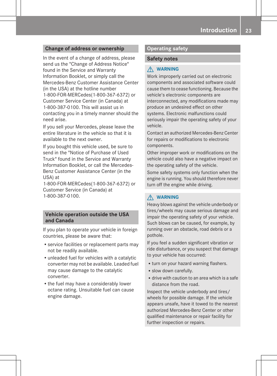Change of address or ownership, Vehicle operation outside the usa and canada, Operating safety | Safety notes, Introduction | Mercedes-Benz R-Class 2012 Owners Manual User Manual | Page 25 / 368