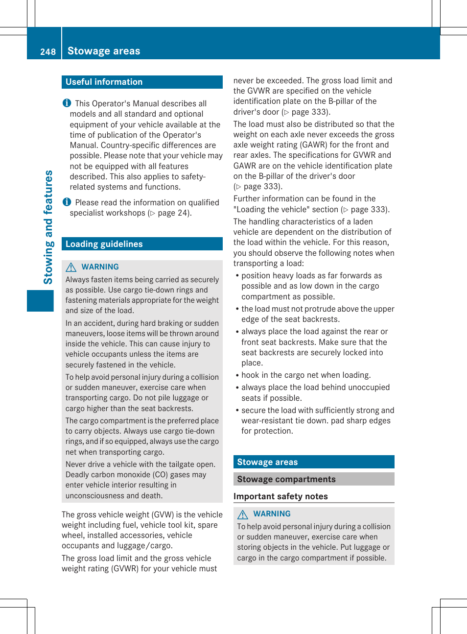 Stowing and features, Useful information, Loading guidelines | Stowage areas, Stowage compartments | Mercedes-Benz R-Class 2012 Owners Manual User Manual | Page 250 / 368