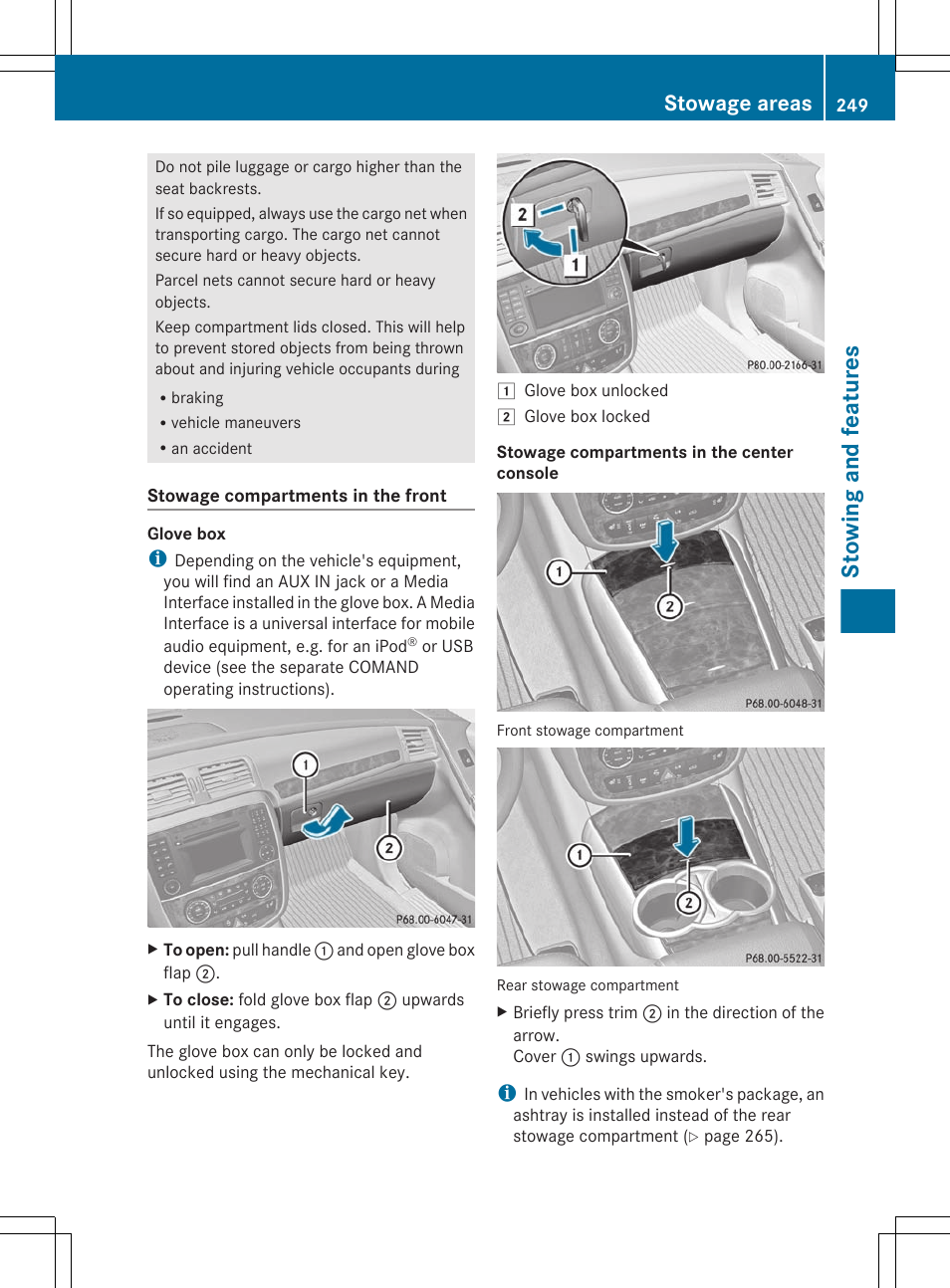 Stowing and features, Stowage areas | Mercedes-Benz R-Class 2012 Owners Manual User Manual | Page 251 / 368