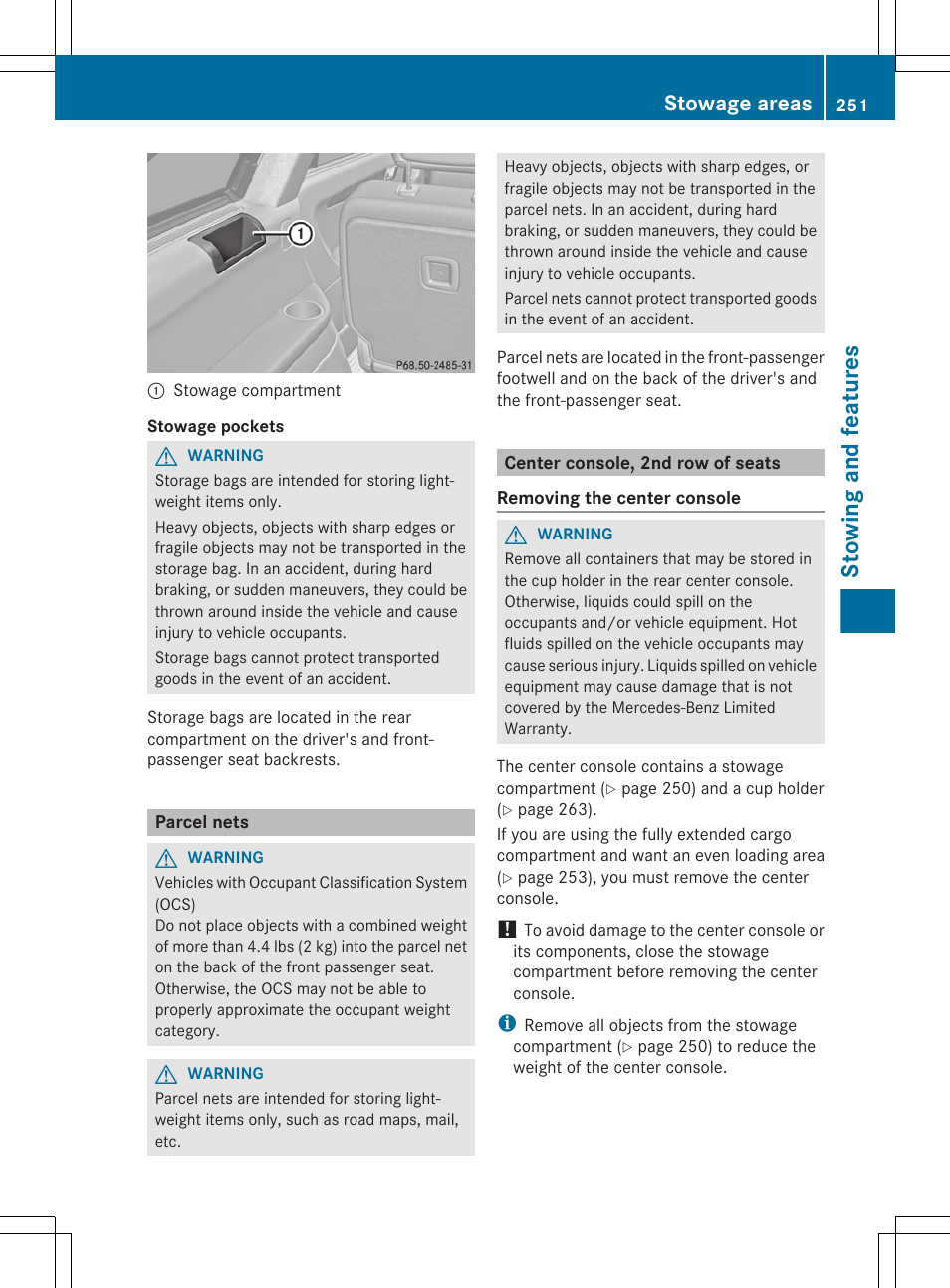 Parcel nets, Center console, 2nd row of seats, Stowing and features | Stowage areas | Mercedes-Benz R-Class 2012 Owners Manual User Manual | Page 253 / 368