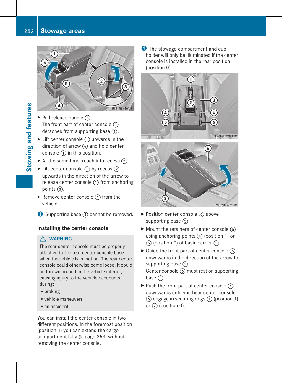 Stowing and features, Stowage areas | Mercedes-Benz R-Class 2012 Owners Manual User Manual | Page 254 / 368