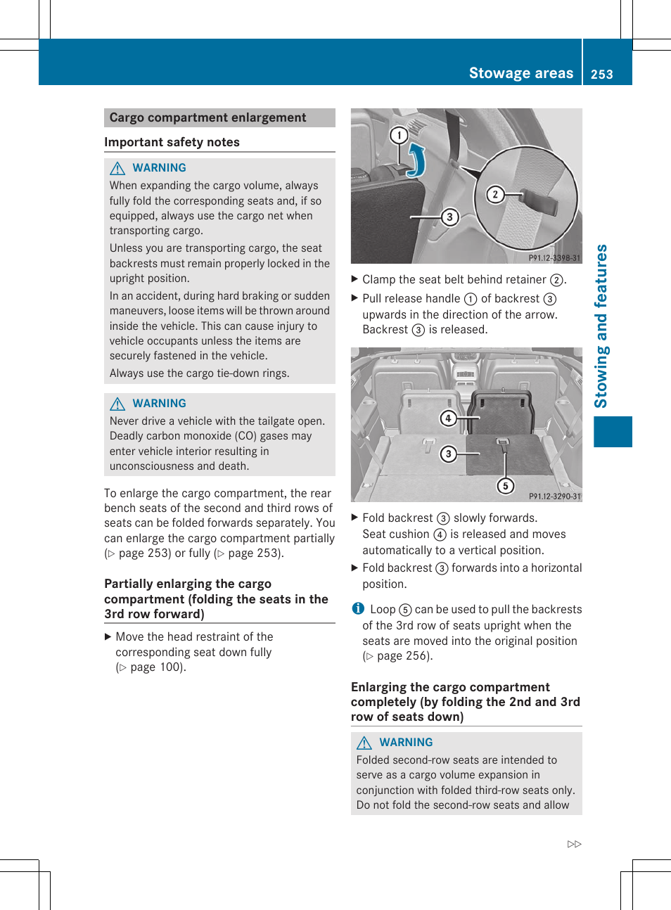 Cargo compartment enlargement, Engages, Engages audibly | Forward), And 3rd rows forwards), see, Stowing and features, Stowage areas | Mercedes-Benz R-Class 2012 Owners Manual User Manual | Page 255 / 368