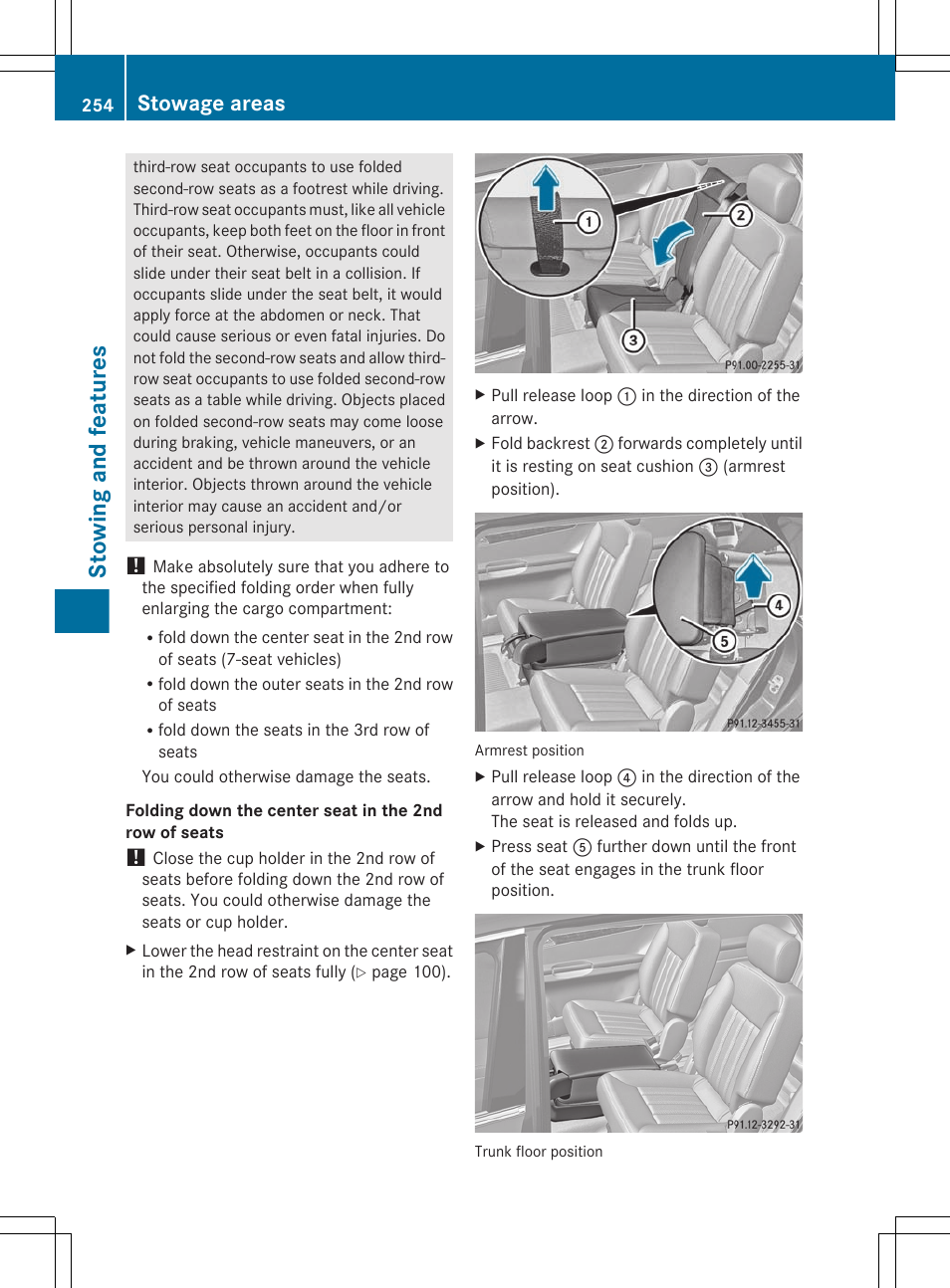 Stowing and features, Stowage areas | Mercedes-Benz R-Class 2012 Owners Manual User Manual | Page 256 / 368