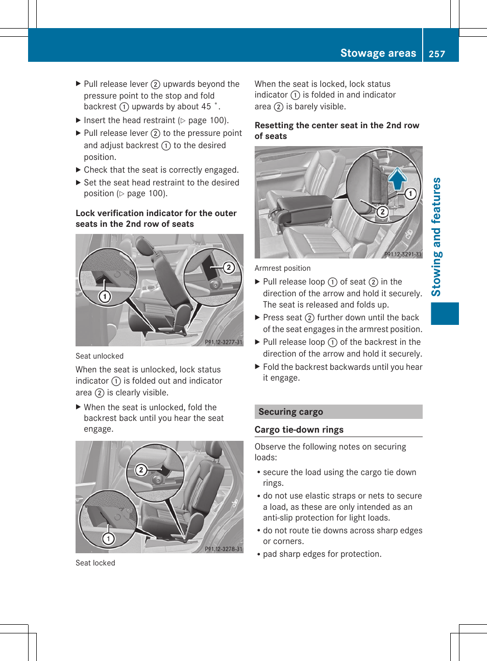 Securing cargo, Stowing and features, Stowage areas | Mercedes-Benz R-Class 2012 Owners Manual User Manual | Page 259 / 368