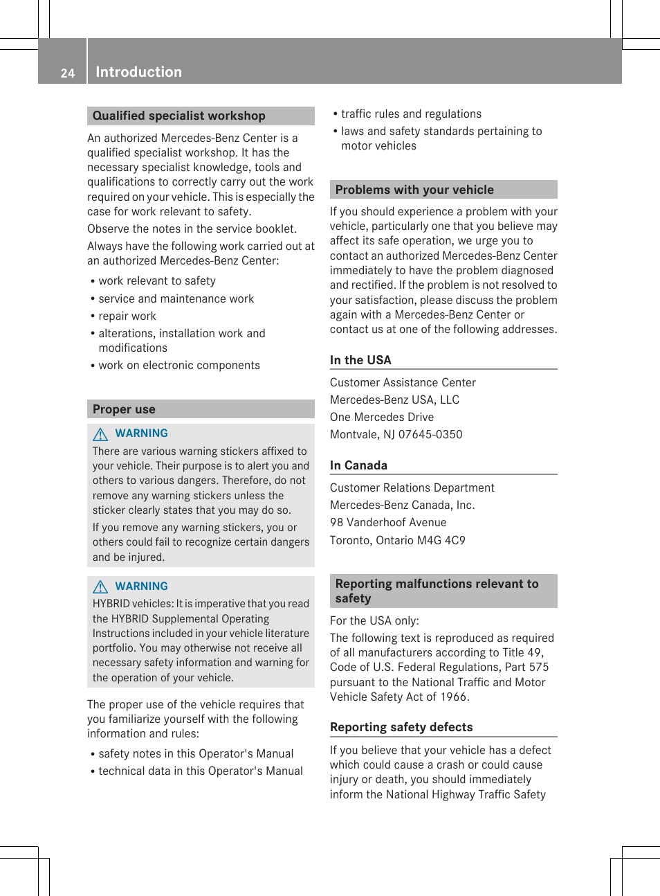 Qualified specialist workshop, Proper use, Problems with your vehicle | Reporting malfunctions relevant to safety, Introduction | Mercedes-Benz R-Class 2012 Owners Manual User Manual | Page 26 / 368