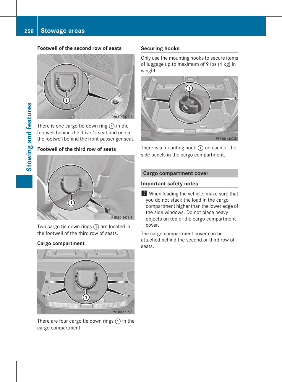 Cargo compartment cover, Stowing and features, Stowage areas | Mercedes-Benz R-Class 2012 Owners Manual User Manual | Page 260 / 368
