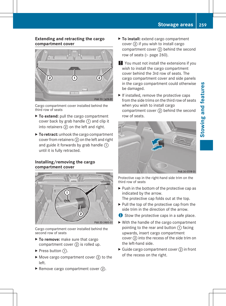 Stowing and features, Stowage areas | Mercedes-Benz R-Class 2012 Owners Manual User Manual | Page 261 / 368