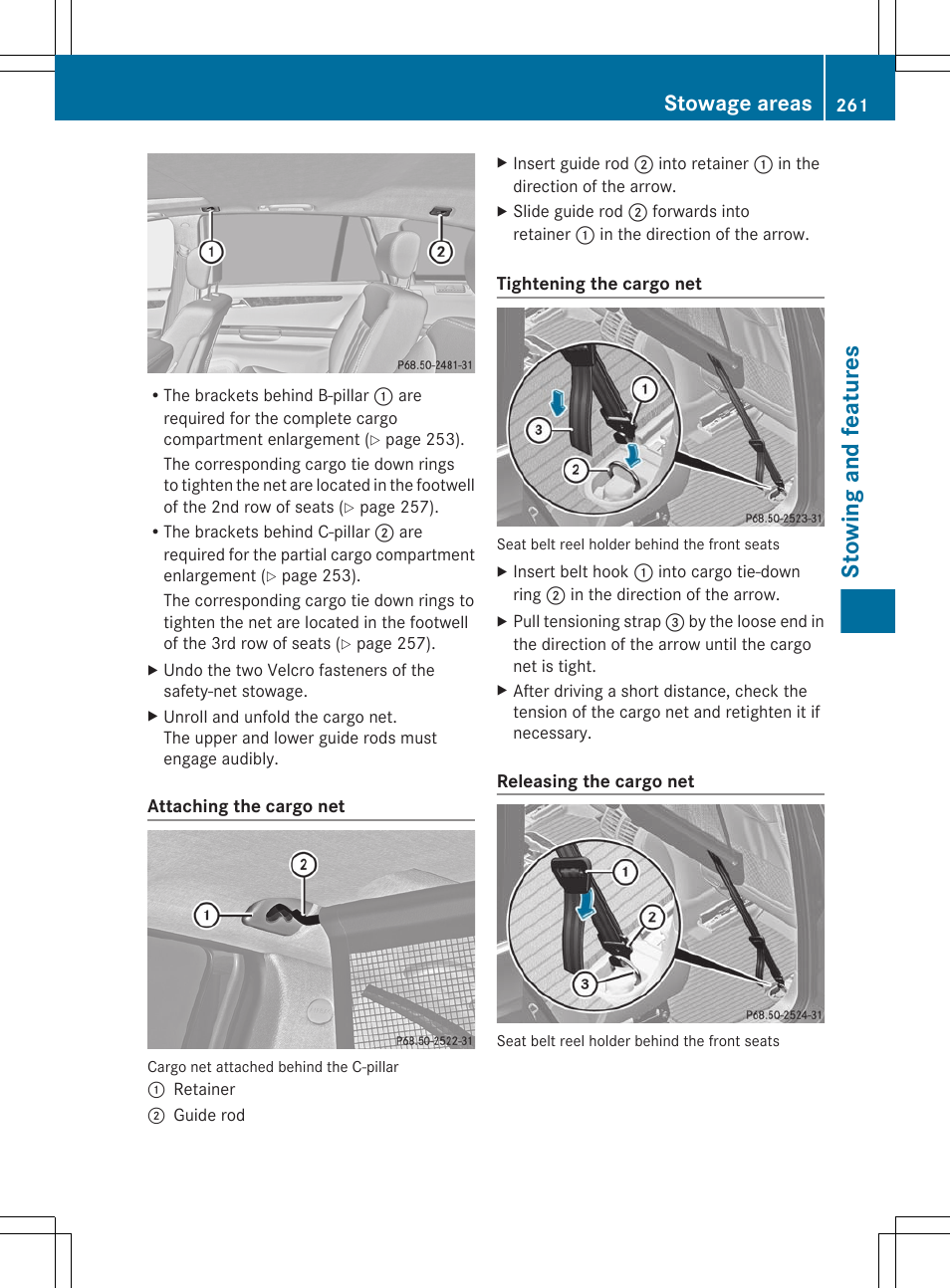 Stowing and features, Stowage areas | Mercedes-Benz R-Class 2012 Owners Manual User Manual | Page 263 / 368