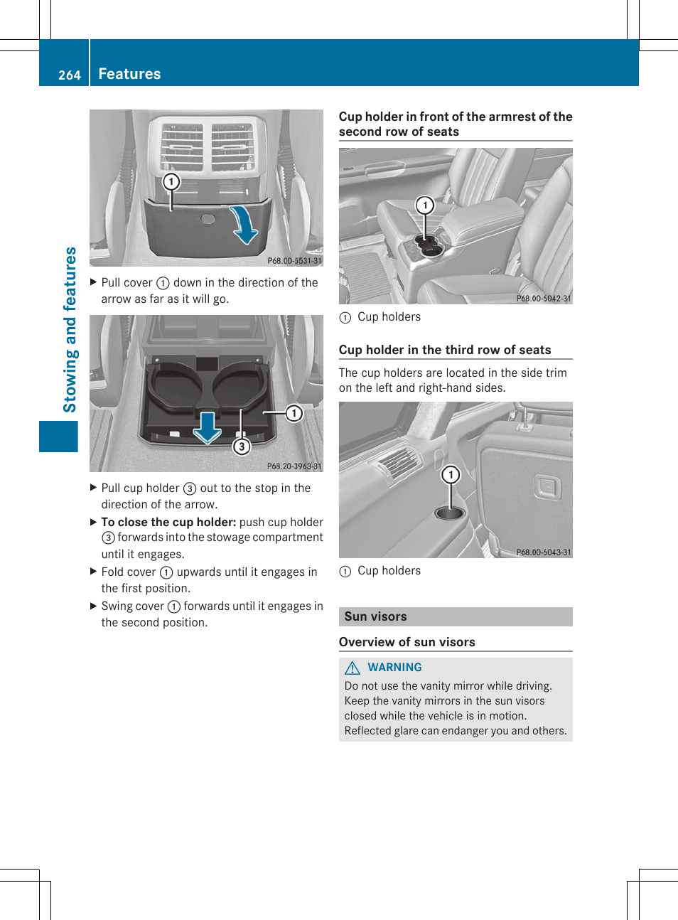 Sun visors, Stowing and features, Features | Mercedes-Benz R-Class 2012 Owners Manual User Manual | Page 266 / 368