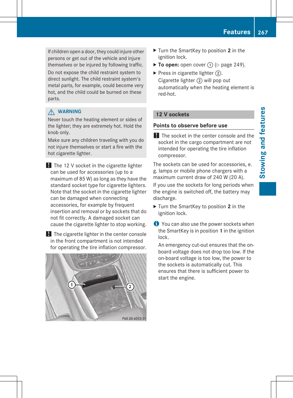 12 v sockets, Stowing and features, Features | Mercedes-Benz R-Class 2012 Owners Manual User Manual | Page 269 / 368