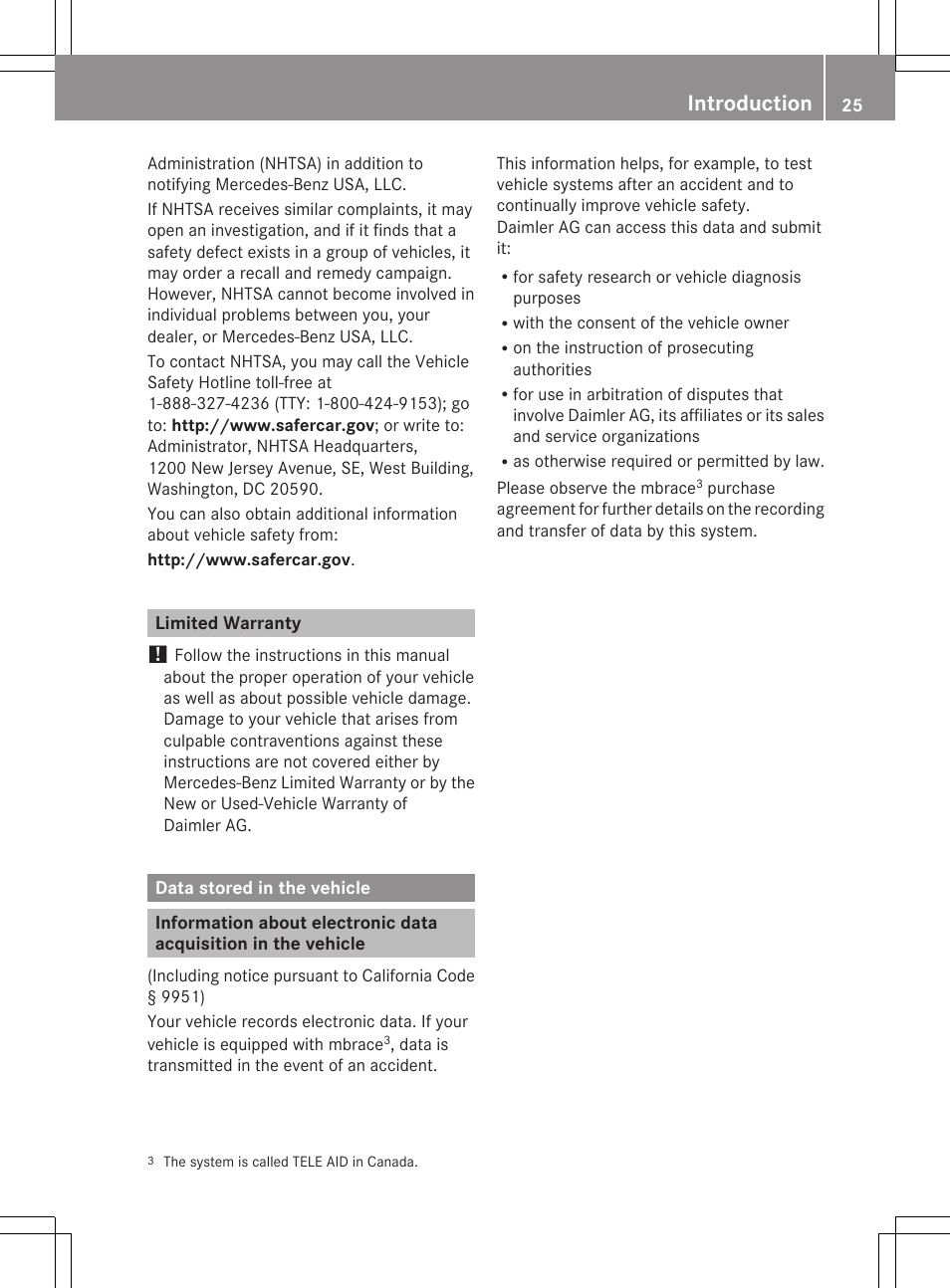 Limited warranty, Data stored in the vehicle, Introduction | Mercedes-Benz R-Class 2012 Owners Manual User Manual | Page 27 / 368
