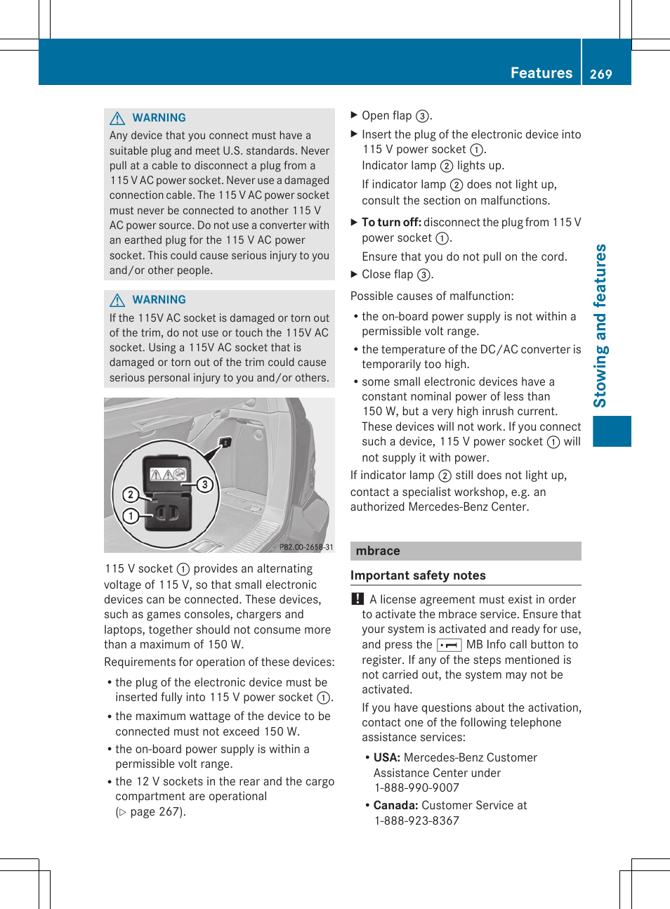 Mbrace, Stowing and features, Features | Mercedes-Benz R-Class 2012 Owners Manual User Manual | Page 271 / 368
