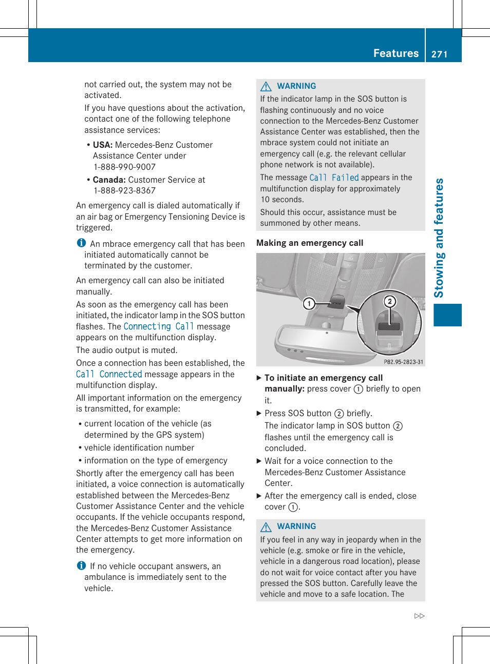 Stowing and features, Features | Mercedes-Benz R-Class 2012 Owners Manual User Manual | Page 273 / 368