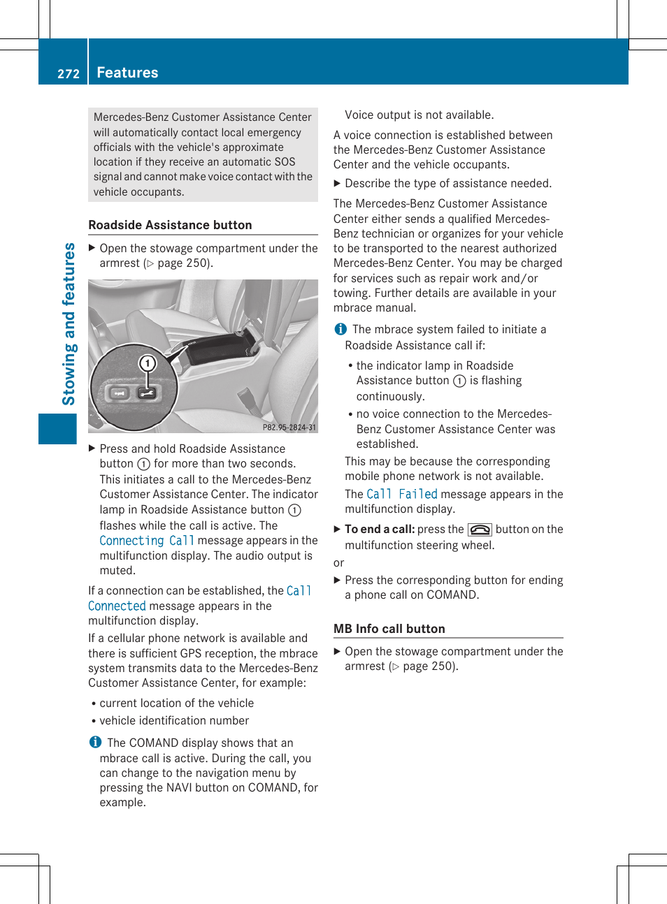 Stowing and features, Features | Mercedes-Benz R-Class 2012 Owners Manual User Manual | Page 274 / 368