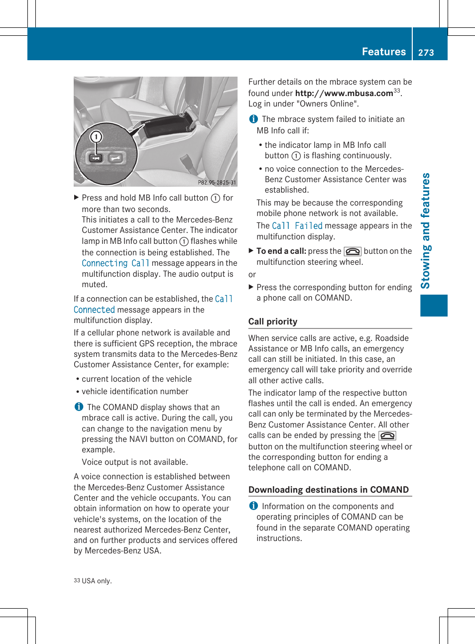 Stowing and features, Features | Mercedes-Benz R-Class 2012 Owners Manual User Manual | Page 275 / 368