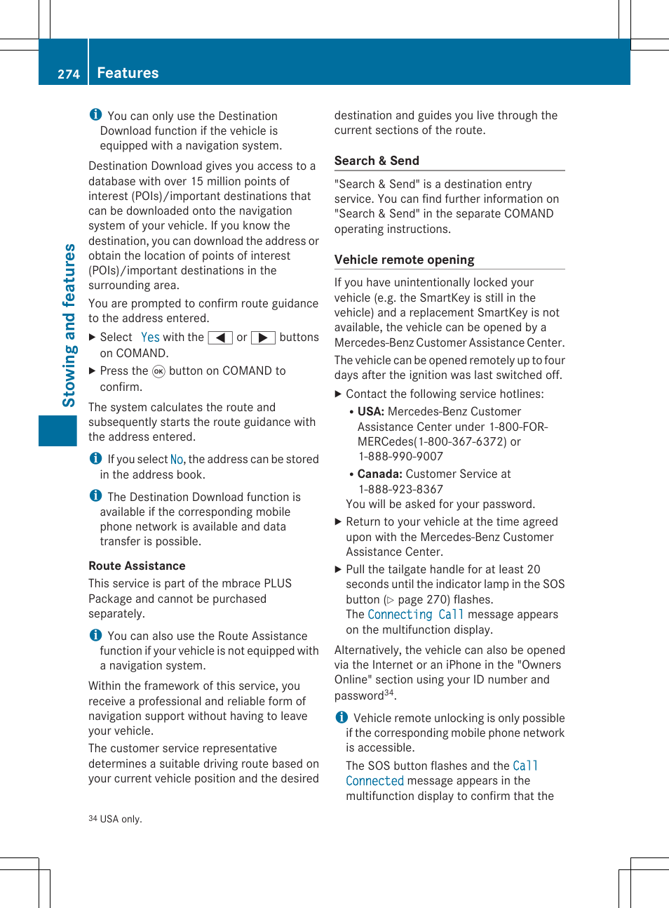 Stowing and features, Features | Mercedes-Benz R-Class 2012 Owners Manual User Manual | Page 276 / 368