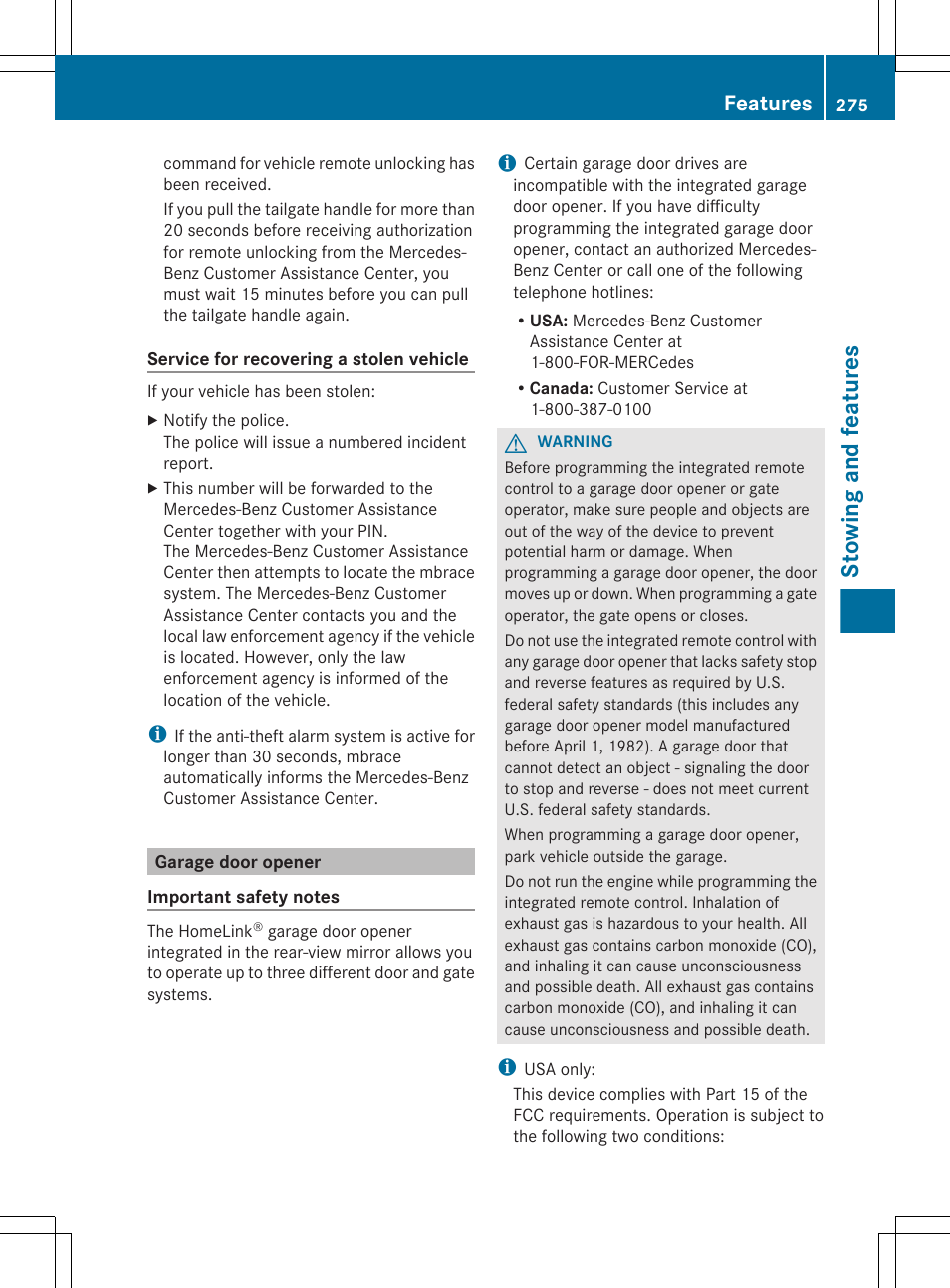 Garage door opener, Stowing and features, Features | Mercedes-Benz R-Class 2012 Owners Manual User Manual | Page 277 / 368