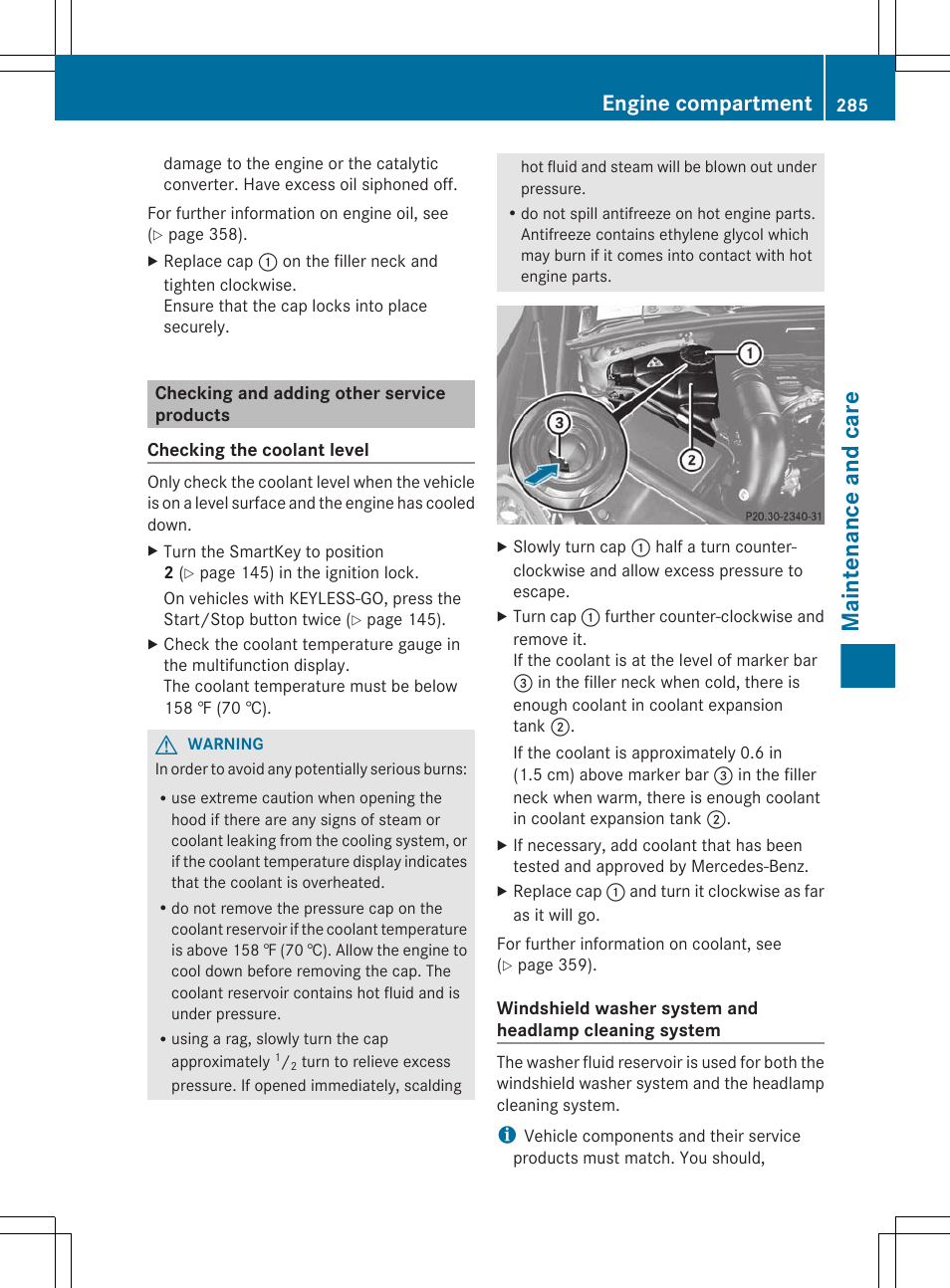 Checking and adding other service products, Check the coolant level, Maintenance and care | Engine compartment | Mercedes-Benz R-Class 2012 Owners Manual User Manual | Page 287 / 368