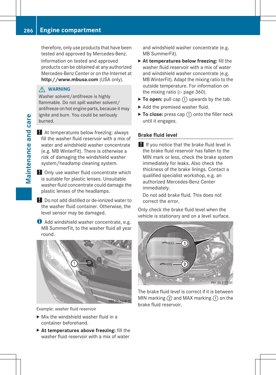 Maintenance and care, Engine compartment | Mercedes-Benz R-Class 2012 Owners Manual User Manual | Page 288 / 368