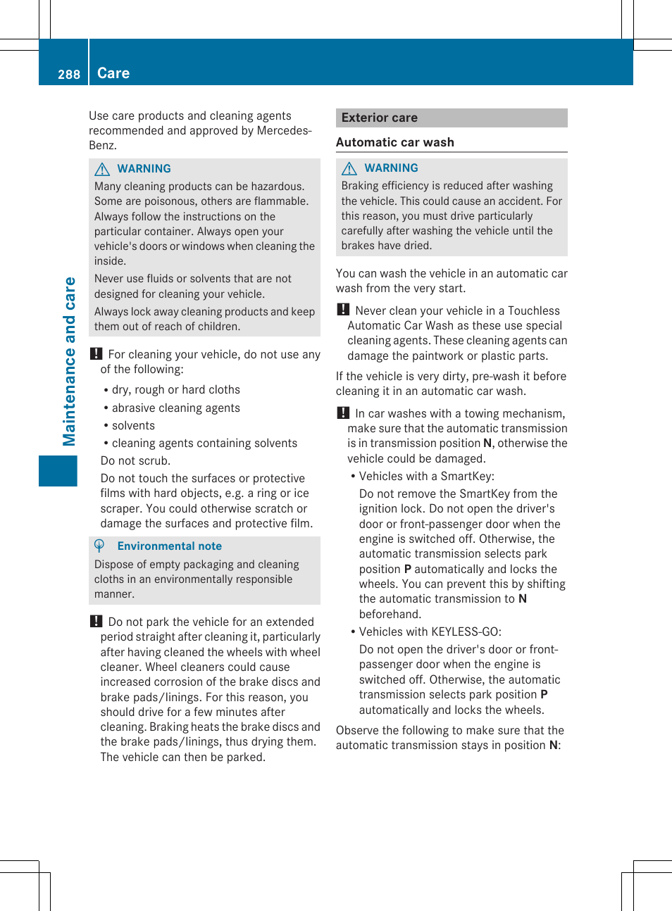 Exterior care, Maintenance and care, Care | Mercedes-Benz R-Class 2012 Owners Manual User Manual | Page 290 / 368
