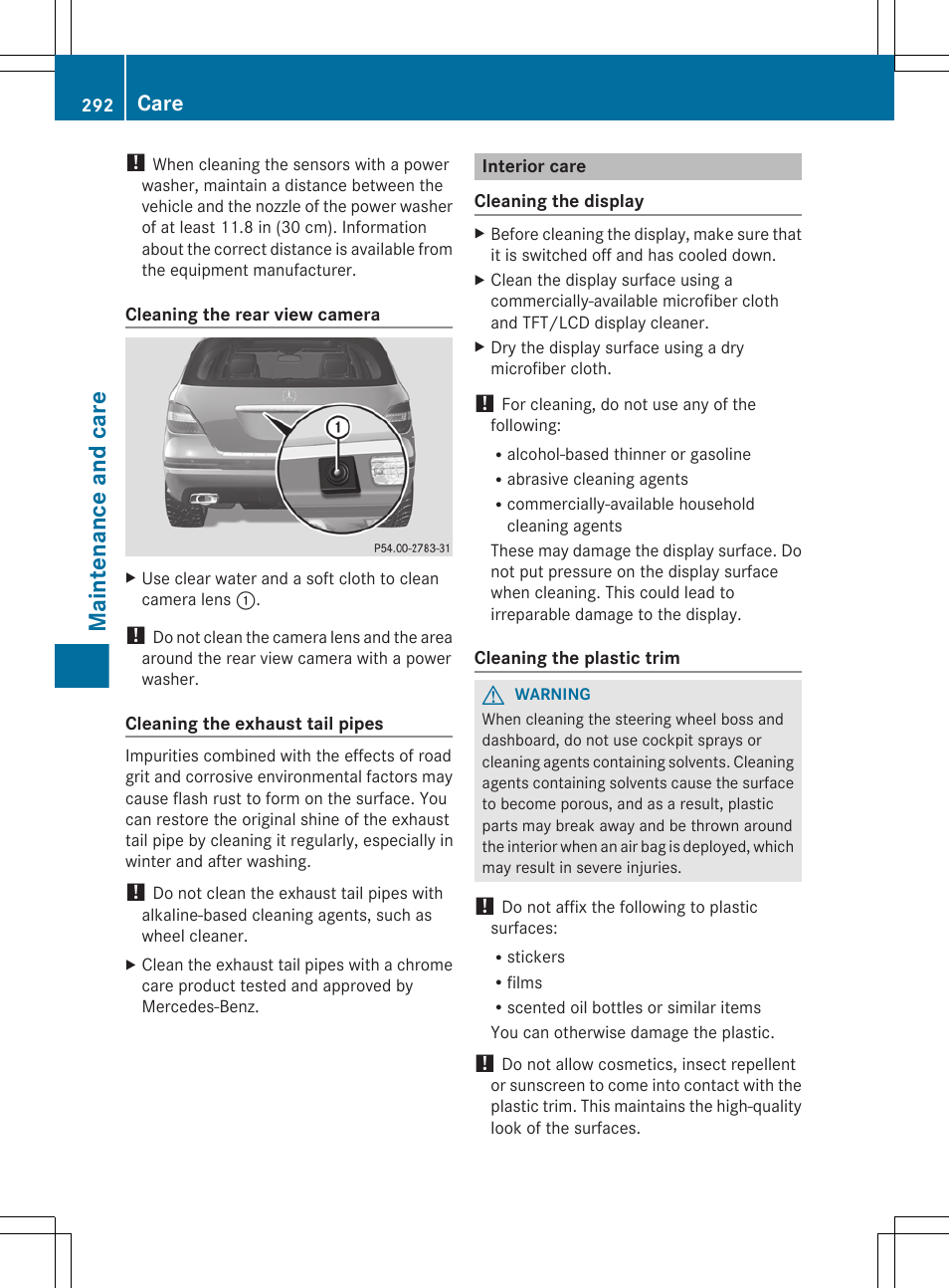 Interior care, Maintenance and care, Care | Mercedes-Benz R-Class 2012 Owners Manual User Manual | Page 294 / 368