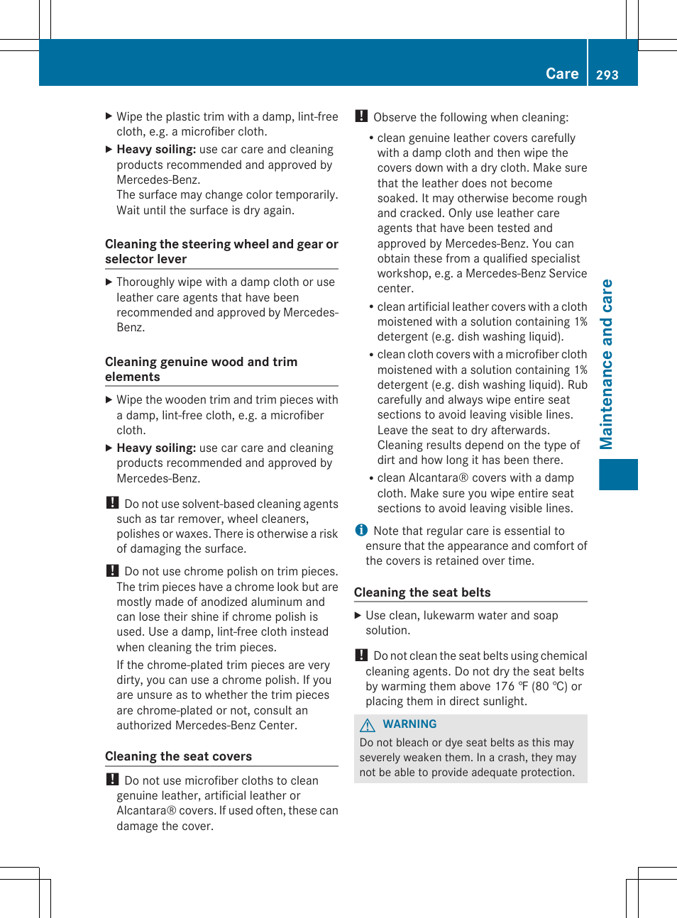 Maintenance and care, Care | Mercedes-Benz R-Class 2012 Owners Manual User Manual | Page 295 / 368