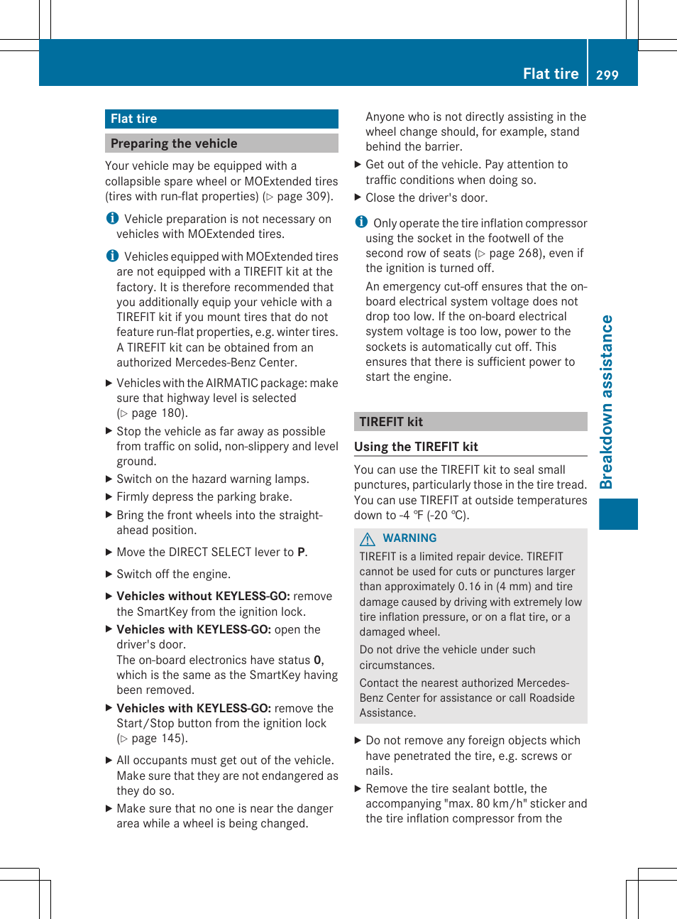 Flat tire, Preparing the vehicle, Tirefit kit | Breakdown assistance | Mercedes-Benz R-Class 2012 Owners Manual User Manual | Page 301 / 368