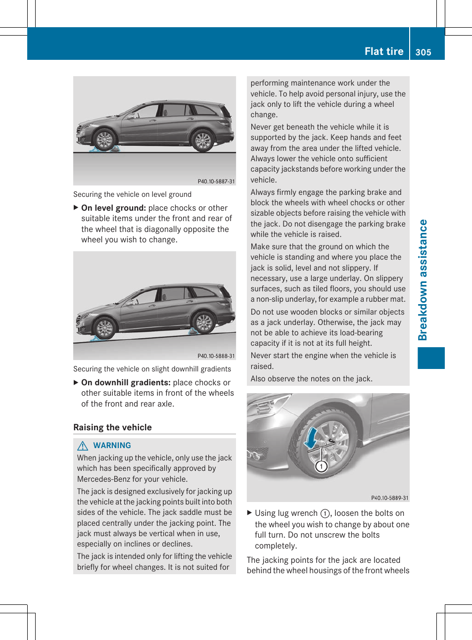 Breakdown assistance, Flat tire | Mercedes-Benz R-Class 2012 Owners Manual User Manual | Page 307 / 368