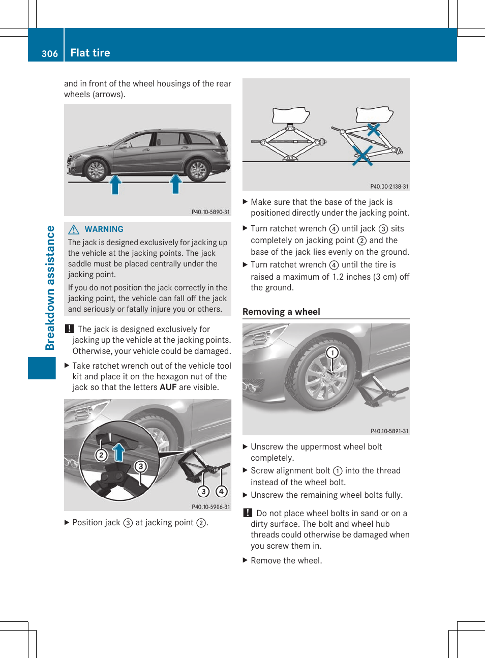 Breakdown assistance, Flat tire | Mercedes-Benz R-Class 2012 Owners Manual User Manual | Page 308 / 368