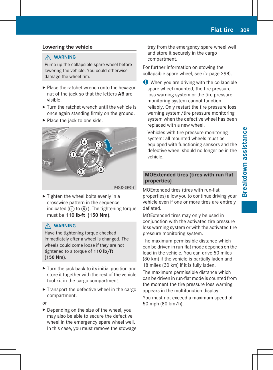 Moextended tires (tires with run-flat properties), Tires with run-flat properties), Breakdown assistance | Flat tire | Mercedes-Benz R-Class 2012 Owners Manual User Manual | Page 311 / 368