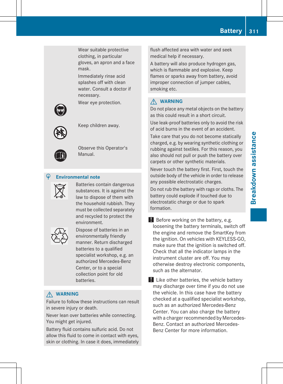 Breakdown assistance, Battery | Mercedes-Benz R-Class 2012 Owners Manual User Manual | Page 313 / 368