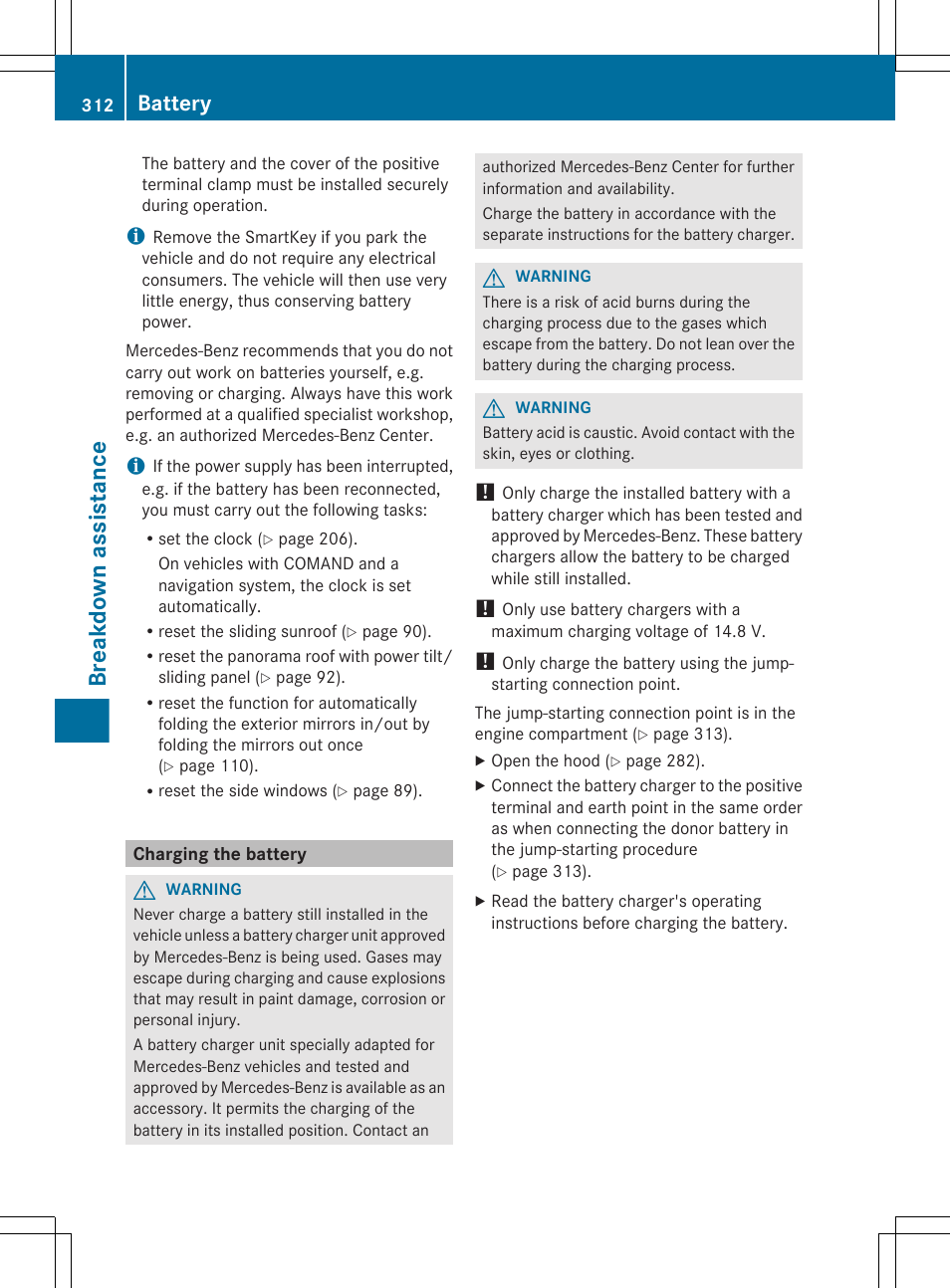 Charging the battery, Breakdown assistance, Battery | Mercedes-Benz R-Class 2012 Owners Manual User Manual | Page 314 / 368