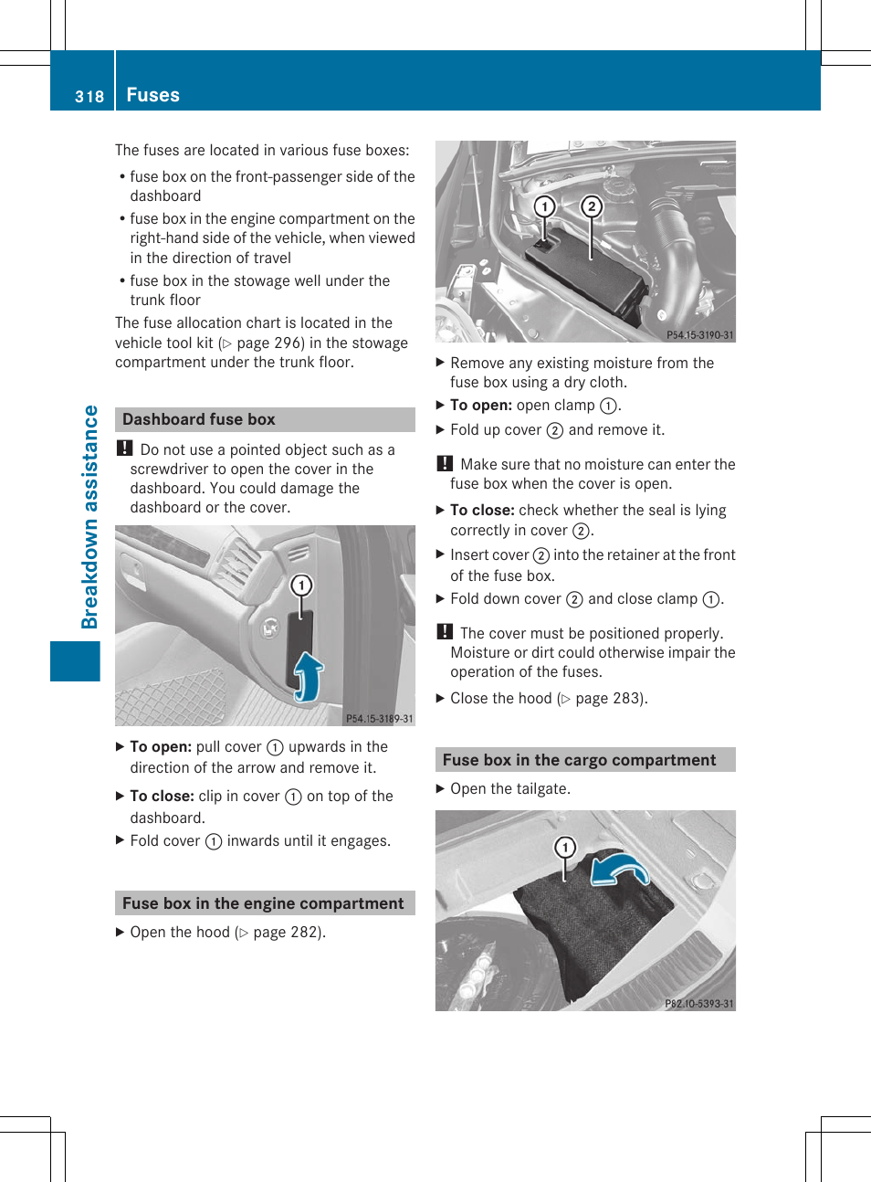 Dashboard fuse box, Fuse box in the engine compartment, Fuse box in the cargo compartment | Breakdown assistance, Fuses | Mercedes-Benz R-Class 2012 Owners Manual User Manual | Page 320 / 368