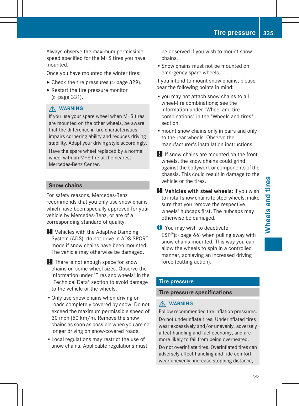 Snow chains, Tire pressure, Tire pressure specifications | Wheels and tires | Mercedes-Benz R-Class 2012 Owners Manual User Manual | Page 327 / 368